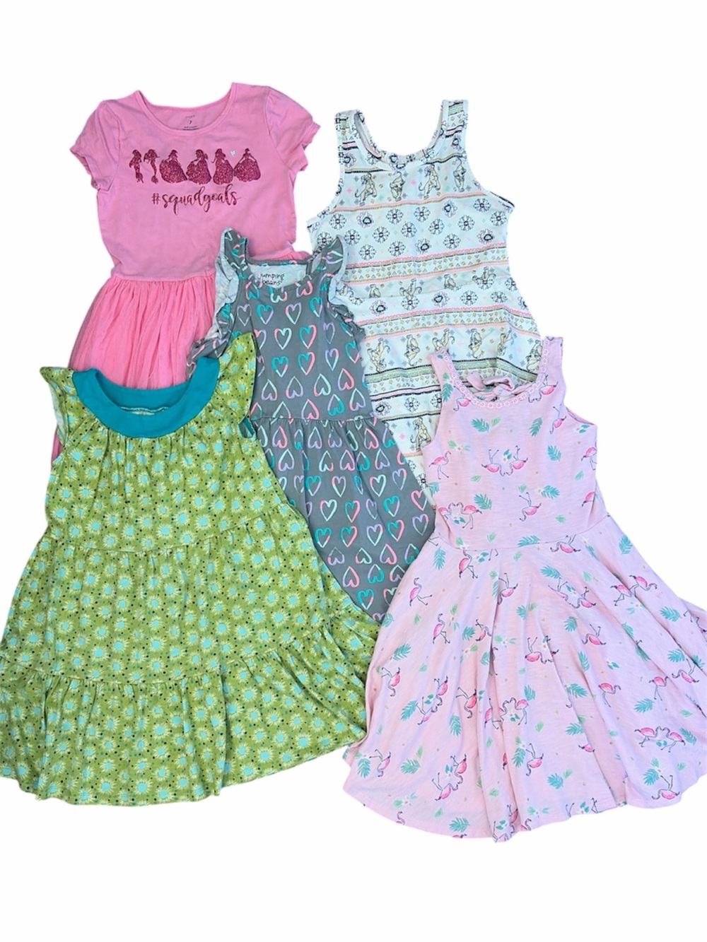 Girls Dress Bundle - 5 pieces - Pink, Green, Teal, Gray